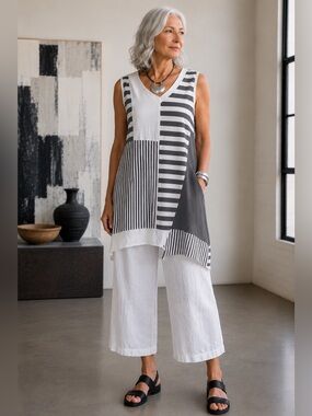 NAYA Artsy Patchwork Stripe Tunic Top Lagenlook Small